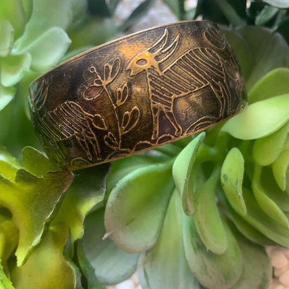 Vintage Jewelry - Vintage metal cuff bracelet Gold Tone-Deer/fauna motif. South Africa